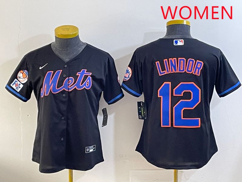 Women 2025 New York Mets #12 Lindor Black Game Nike MLB Jersey style 11